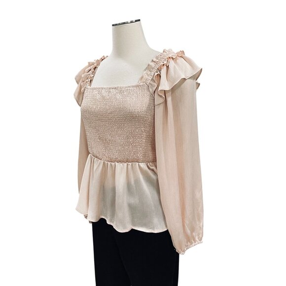 Entro Blush Smocked Peplum Top Long Sleeve Ruffle Sheer Sleeve Cottagecore - Picture 7 of 11